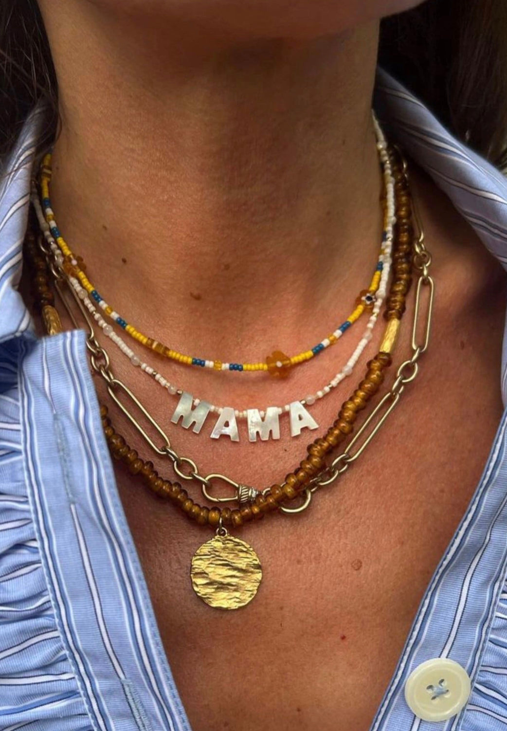 Handmade Brown Necklace with Gold Coin Pendant