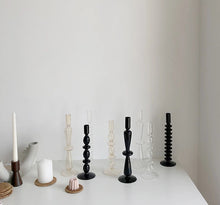 Load image into Gallery viewer, Black and White Abstract Glass Candlestick Holders
