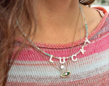 Load image into Gallery viewer, Handmade Letter Initial “LUCKY” Necklace with Aquamarine
