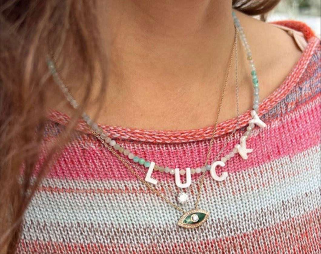 Handmade Letter Initial “LUCKY” Necklace with Aquamarine