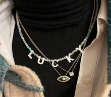 Load image into Gallery viewer, Handmade Letter Initial “LUCKY” Necklace with Aquamarine
