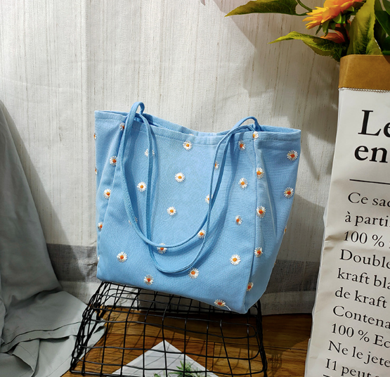 Daisy Embroidered Blue Tote Bag