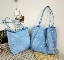 Load image into Gallery viewer, Daisy Embroidered Blue Tote Bag
