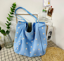 Load image into Gallery viewer, Daisy Embroidered Blue Tote Bag
