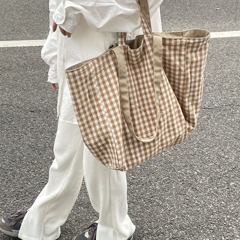 Gingham Checkered Tote Bag made of Cotton – les orêves
