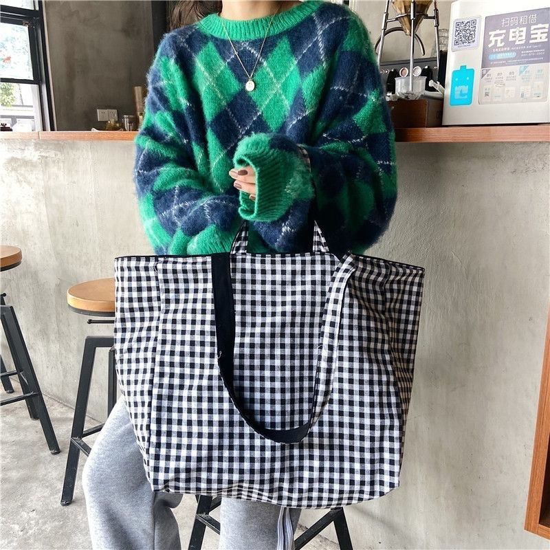Gingham Checkered Tote Bag made of Cotton – les orêves